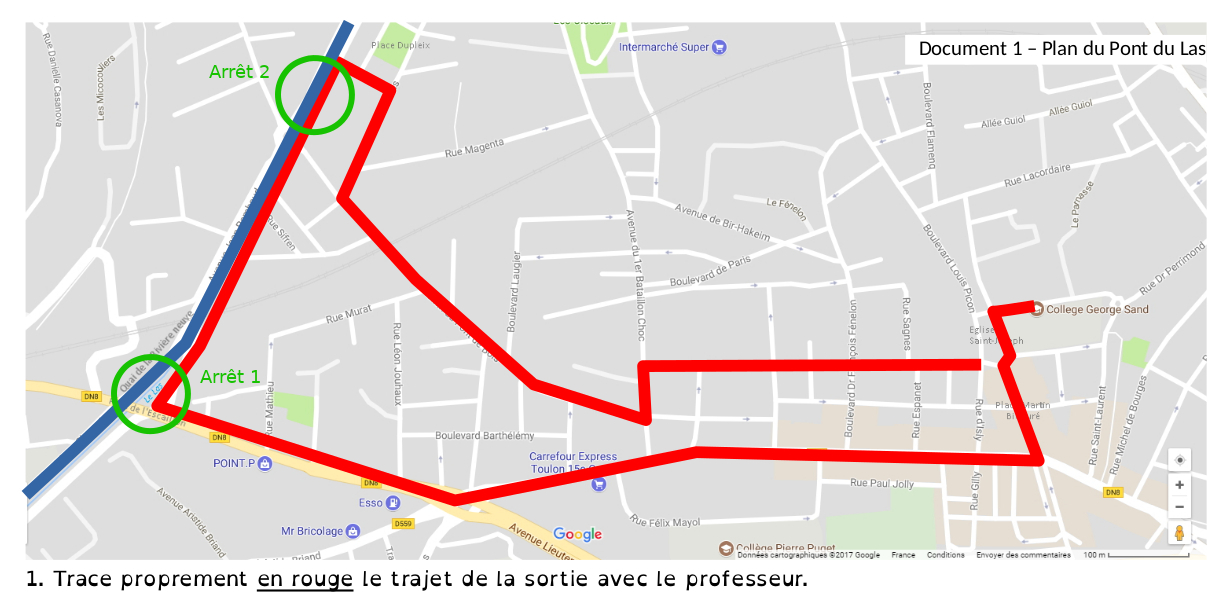 Plan de la sortie dans le quartier Pont du Las de Toulon
